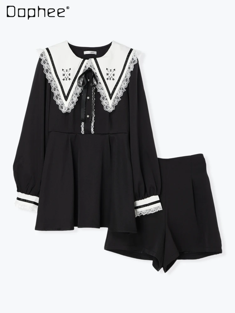 

Japanese Mine Dress Suit Rojita Strped Triangle Sailor Collar Embroidered Long-Sleeve Lace Dresses 2023 Fall New Sweet Shorts