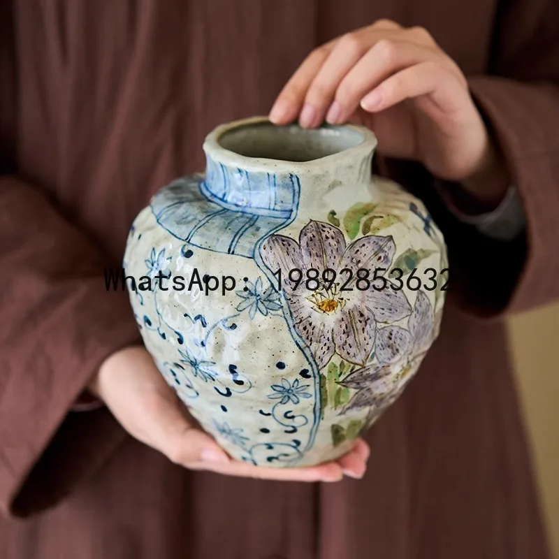 LYY Jingdezhen Original Blue and White Underglaze Creative Hand-painted Iris Sunflower Hydrangea Coarse Pottery Vintage Vase