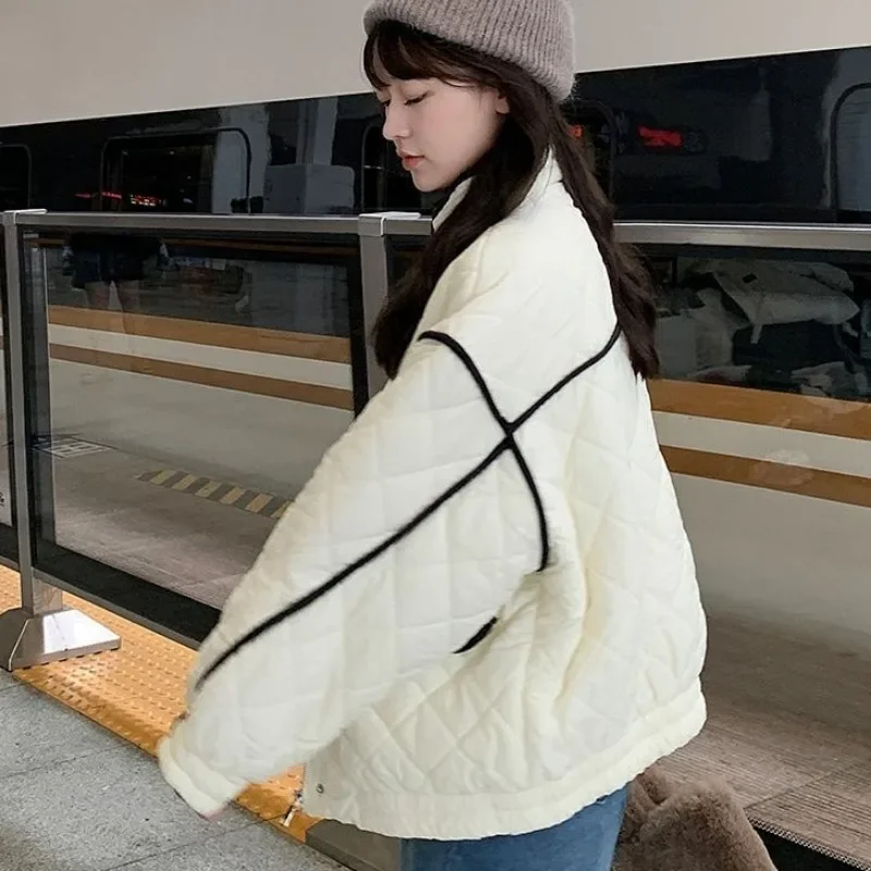 Oversize Winter Down Parkas Women Loose Diamond Check Vintage Spliced All-match Chic Popular Female Autumn Coats Zipper Daily