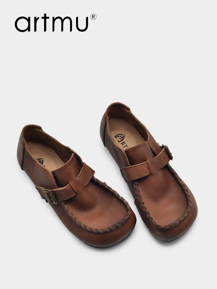 Artmu Original Flat Heel Shoes For Women Genuine Leather Sewn Buckle Soft Soles Luxury Retro Flats Casual Shoes Four Seasons