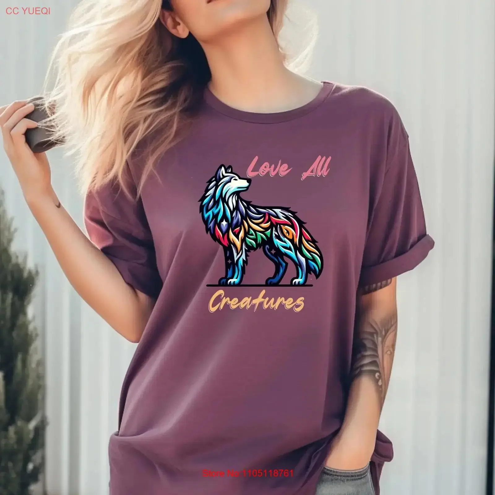 Love All Creatures Wolf T Shirt Rainbow Animal Unique Christmas for Her Mom LGBT Friendly Apparel vintage Washed Soft graphic
