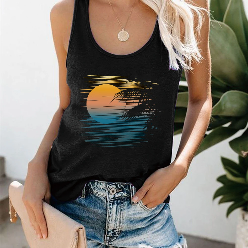 Seeyoushy Women Evening Sunset Print Sleeveless Women Tank Top Fashion Tops for Women Ladies Tees Shirt Female Summer Loose Vest