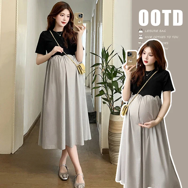 

2025 French Style Pregnant Women Elegant Dress Plus Size Long Sleeve O-Neck High Waist Maternity A-Line Dress Long Loose Clothes