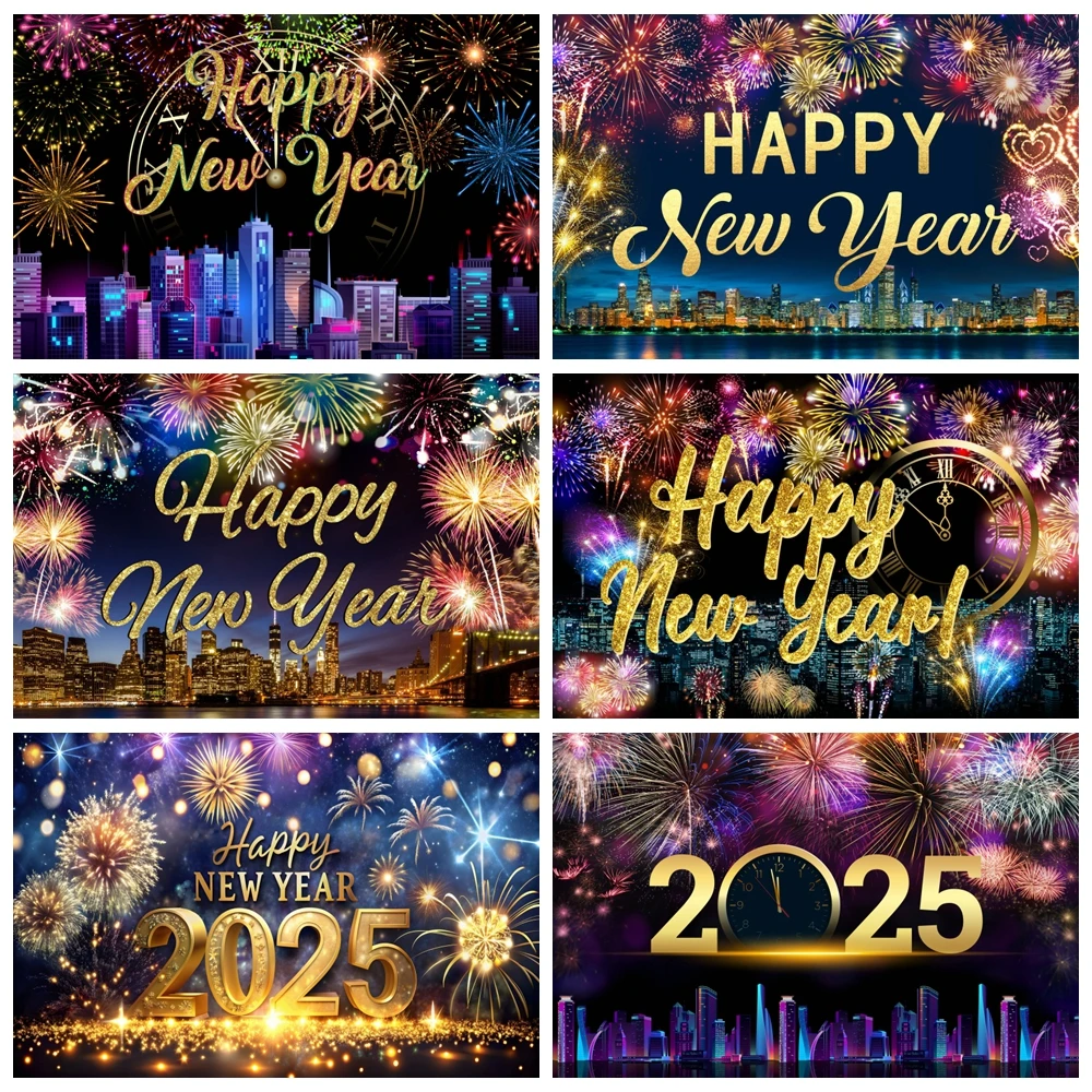 Happy New Year Backdrop for Photography City Night View 2025 Year's Eve Fireworks Clock Family Party Photography Background Deco