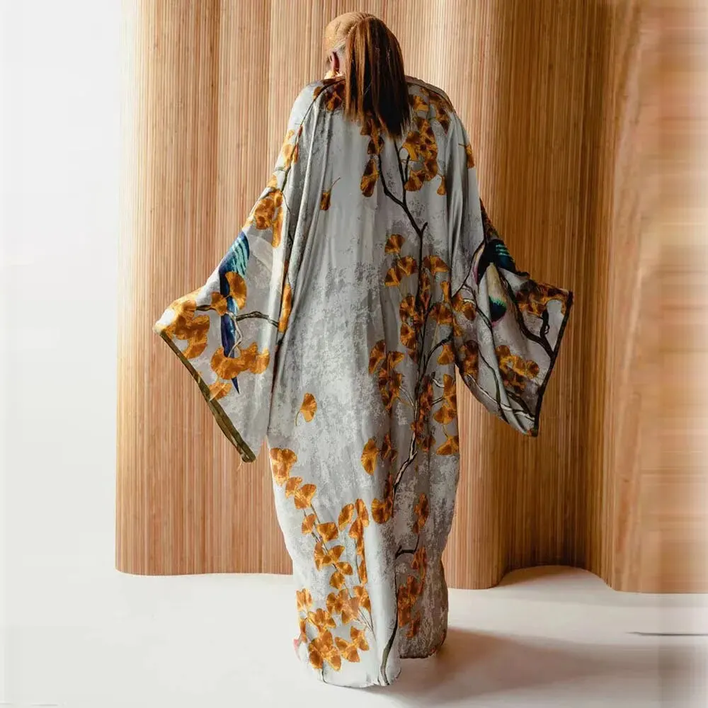 Women\'s Floral Print Satin Robe Kimono Cardigan Open Front Long Cover Ups Outerwear Kimono Robes Long