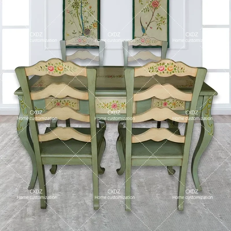 Retro Green Dining Table and Chairs Set Household Painted Furniture Rural Style Multi Functional Rectangular Kitchen Table