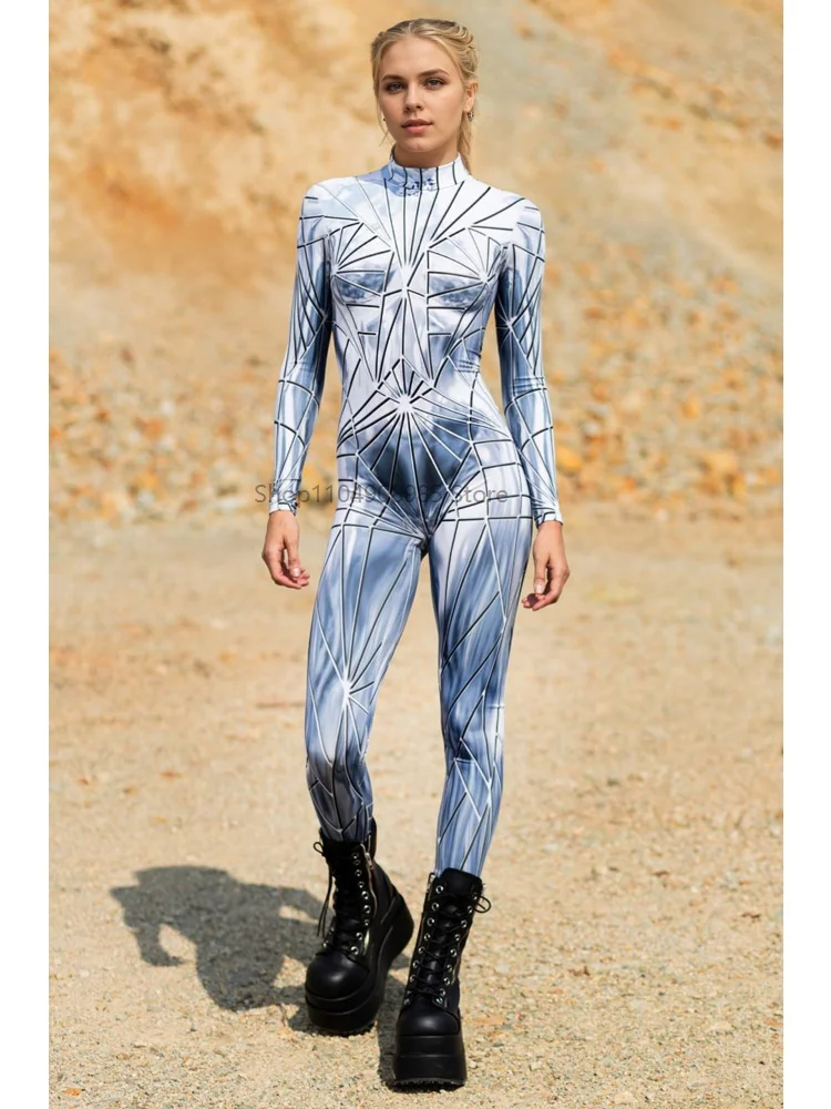 

Костюм сломанного зеркала на Хэллоуин, сексуальные колготки со светоотражающим узором, серебряный комбинезон с изображением инопланетянина, боди, женский костюм для косплея