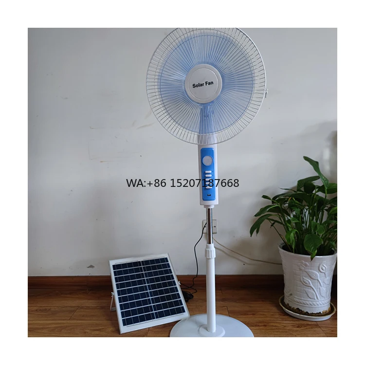 Ventilador con soporte solar de 15 W con precio de fábrica para uso doméstico, 16 pulgadas con luz nocturna de 12 horas, cargador móvil USB, tiempo de descarga