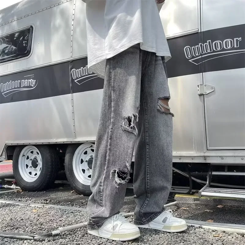 

Men Street Hip Hop Ripped Jeans Men's Trendy Brand Washed Old Loose Straight Oversize Wide-leg Pants