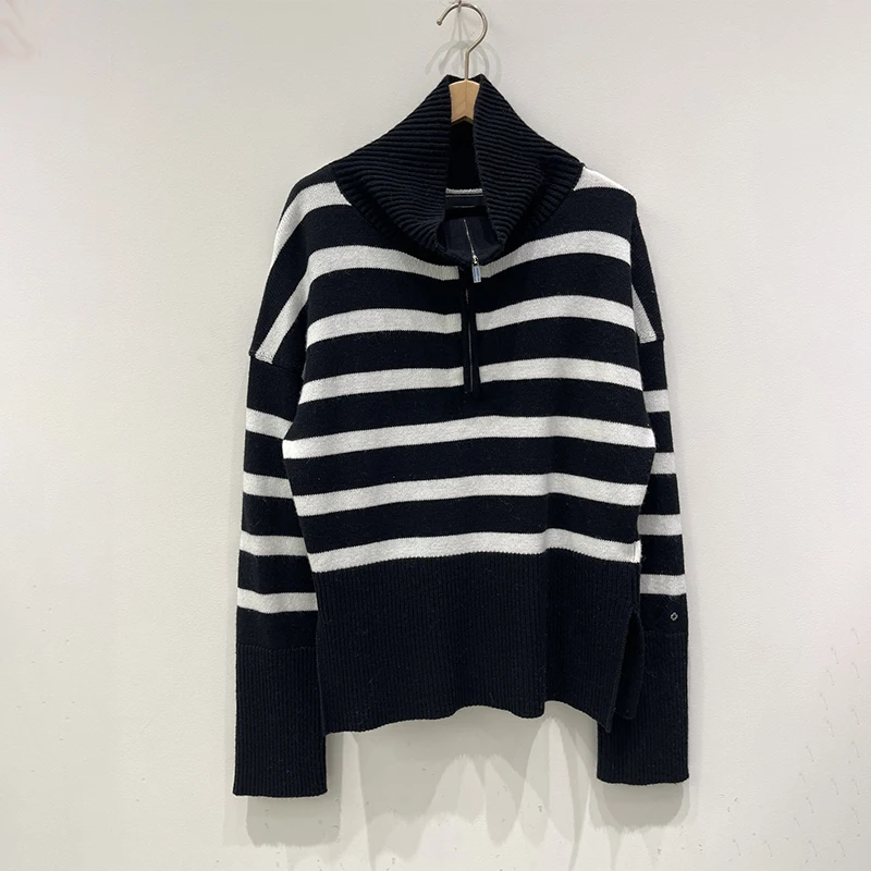 Tops 2024AW New Retro Black and White Striped Wool Knit Sweater Woman Versatile Zip Pullover Brand *Ma* Women's Clothing