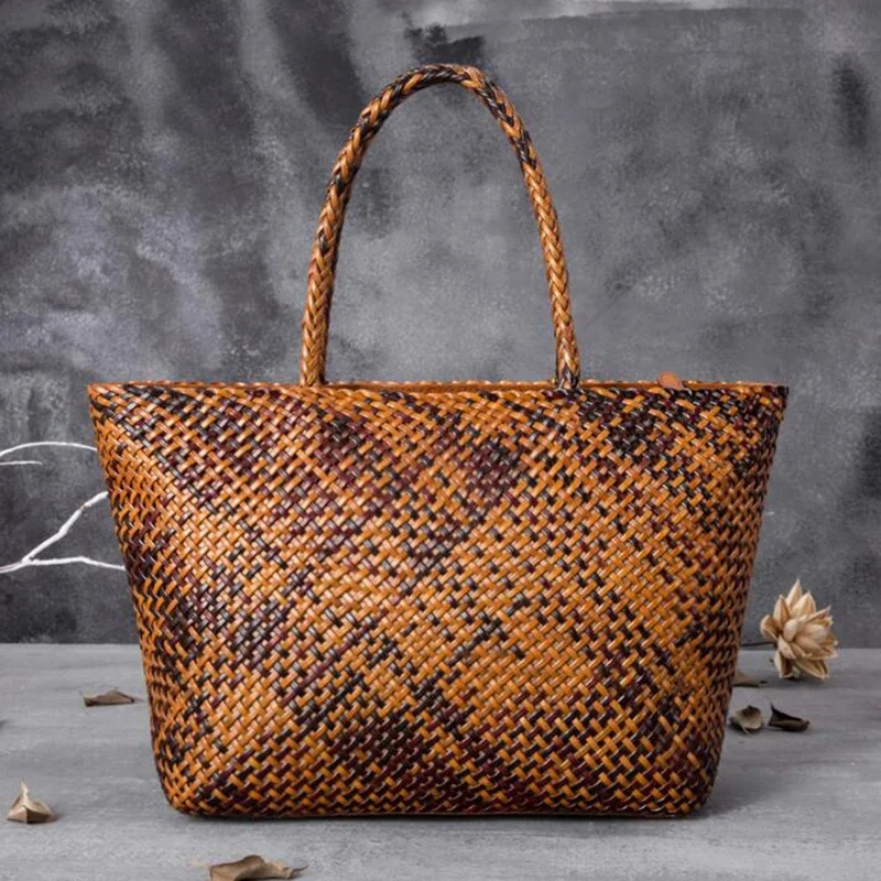 Women Leather Handbag Romantic Bag Handmade Woven Totes Female Cowhide Bag Holiday Bucket Bag Causal Beach Shoulder Handbags