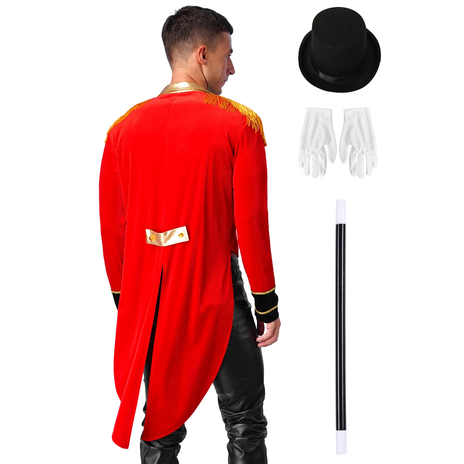 Men Halloween Carnival Party Suit Circus Ringmaster Cosplay Costume Magician Showman Outfits Tailcoat with Hat+Gloves+Magic Wand