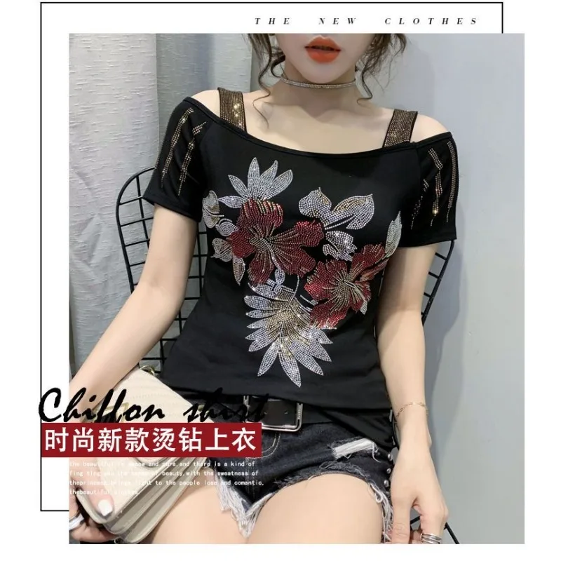 Primavera verão nova manga curta quente diamante camiseta fora do ombro sexy emagrecimento camisa de fundo topos para mulher