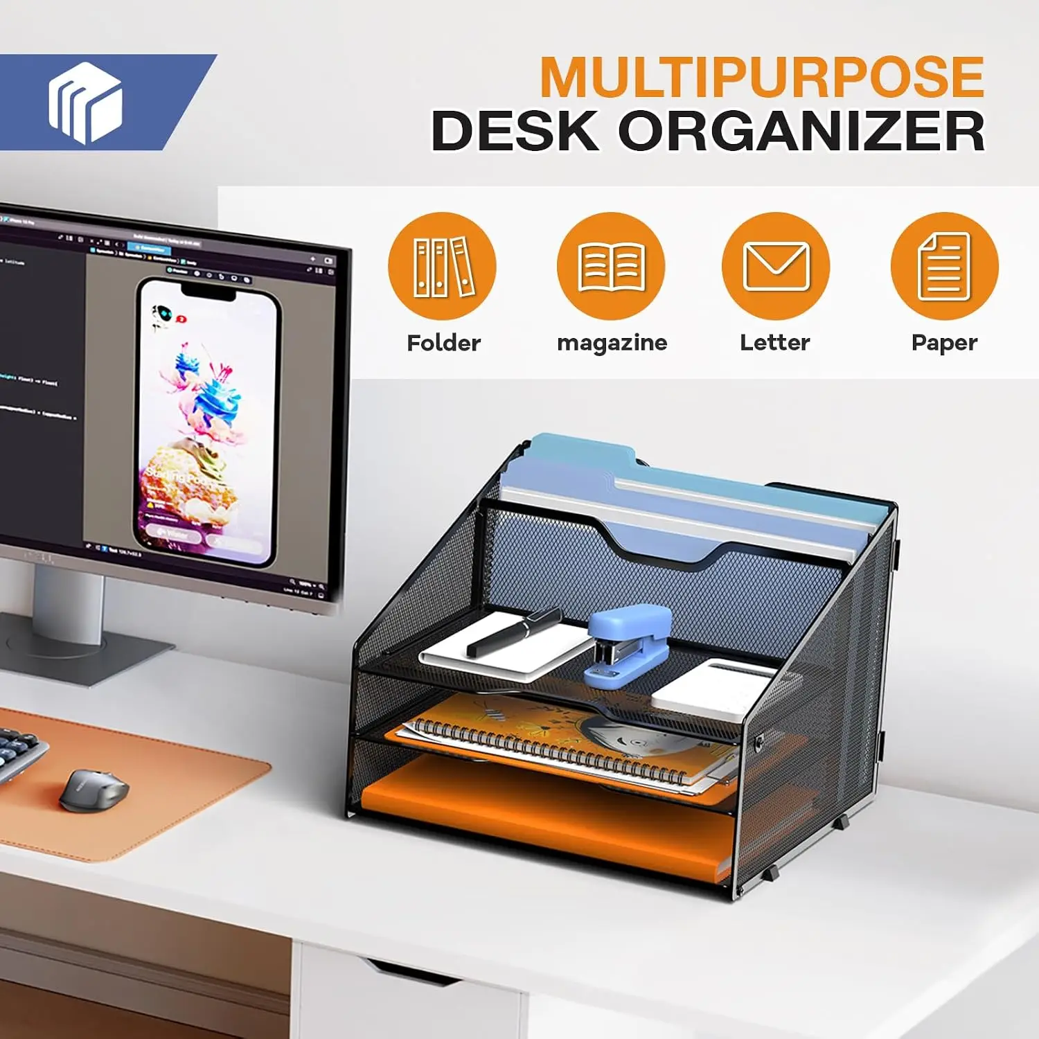 3-Tier Mesh Desk File Organizer, Letter Tray with 2 Vertical Sections for Home Office - view 4