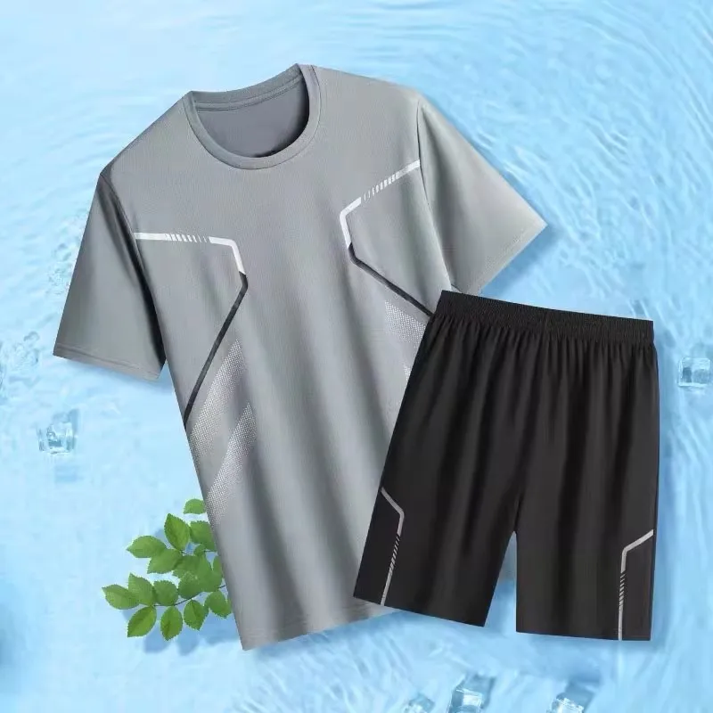 

Summer Casual Ice Silk Thin Men's Sportswear Set ort Sve orts T-irt Youth Chinese Manufacturer ort Pants Set