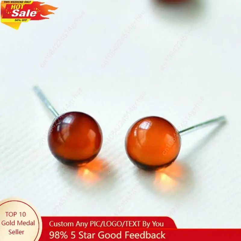 

Natural Amber Ball Earrings Women Healing Gemstone Fine Jewelry 100% Genuine Baltic Red Blood Amber Round Bead Earring Ear Studs
