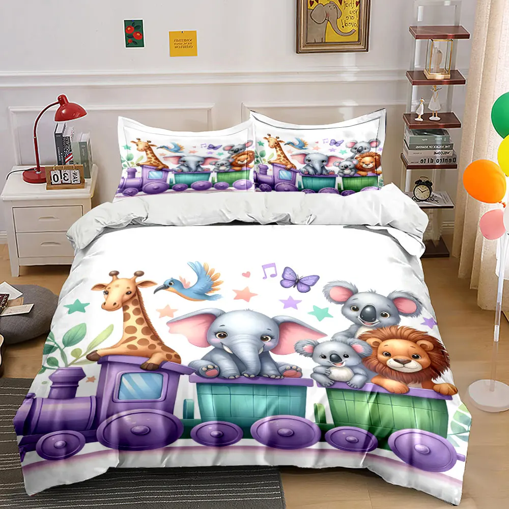 Animals on colorful train Print Bedding Set 1 Duvet Cover 2 Pillowcases for Adult and Children Luxury Gift Full Size