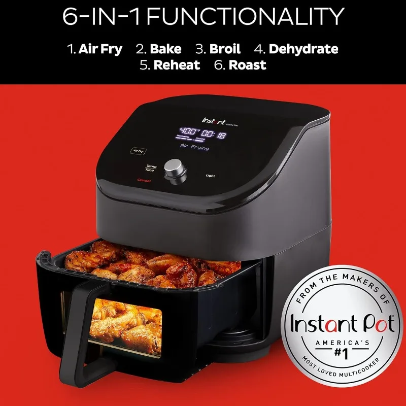 Air Fryer, Clear Windows, Custom Program Options, 6-in-1 Functions, Black