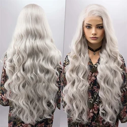 Platinum Blonde Long Water Wave Wig Natural Hairline Daily Use Wig Synthetic Lace Front Wig Platinum Lace Hair Cosplay For Women