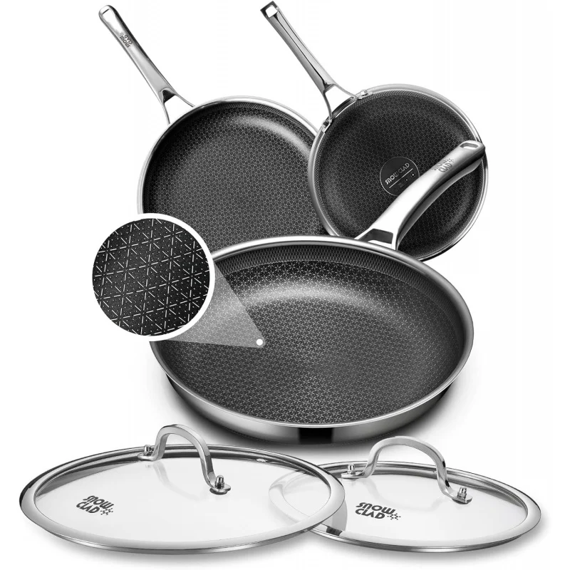 Set Panci Baja Tahan Karat 8 + 10 + 12 dengan Tutup Antilengket, Set Wajan Penggorengan Anti Lengket Hibrid, Panci Masak, Peralatan Masak Induksi Bebas PPFOA