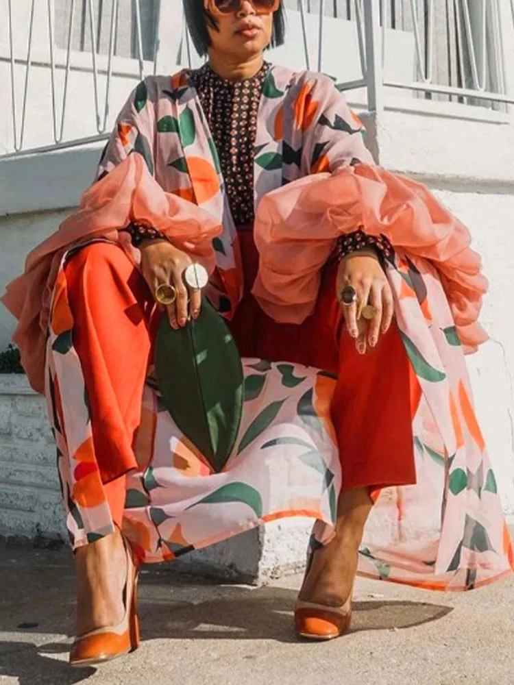 

Autumn Long Sleeve Spliced Vacation Beach Cover-up Vintage Printed Lace-up Long Cardigan Women Elegant V Neck Loose Coat Outwear