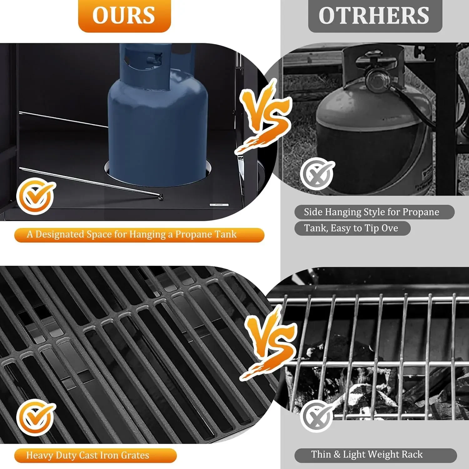 شواية شواء بغاز البروبان ذات 3 شعلات مع موقد جانبي وشبكات من الحديد الزهر المطلي بالخزف ومقياس حرارة مدمج، بقدرة 39000 وحدة حرارية بريطانية