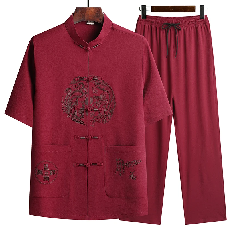 Linen (top + Pants) Middle-aged Ruffled Linen Chinese Tang Suit Men's Chinese Style Hanfu Grandpa Linen Lay Suit