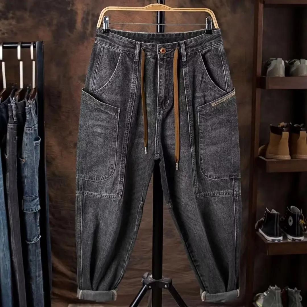 

Loose Casual Men's Workwear Jeans Autumn Winter Large Pockets Big Size Comfortable Pants for Doing Work Japanese Style