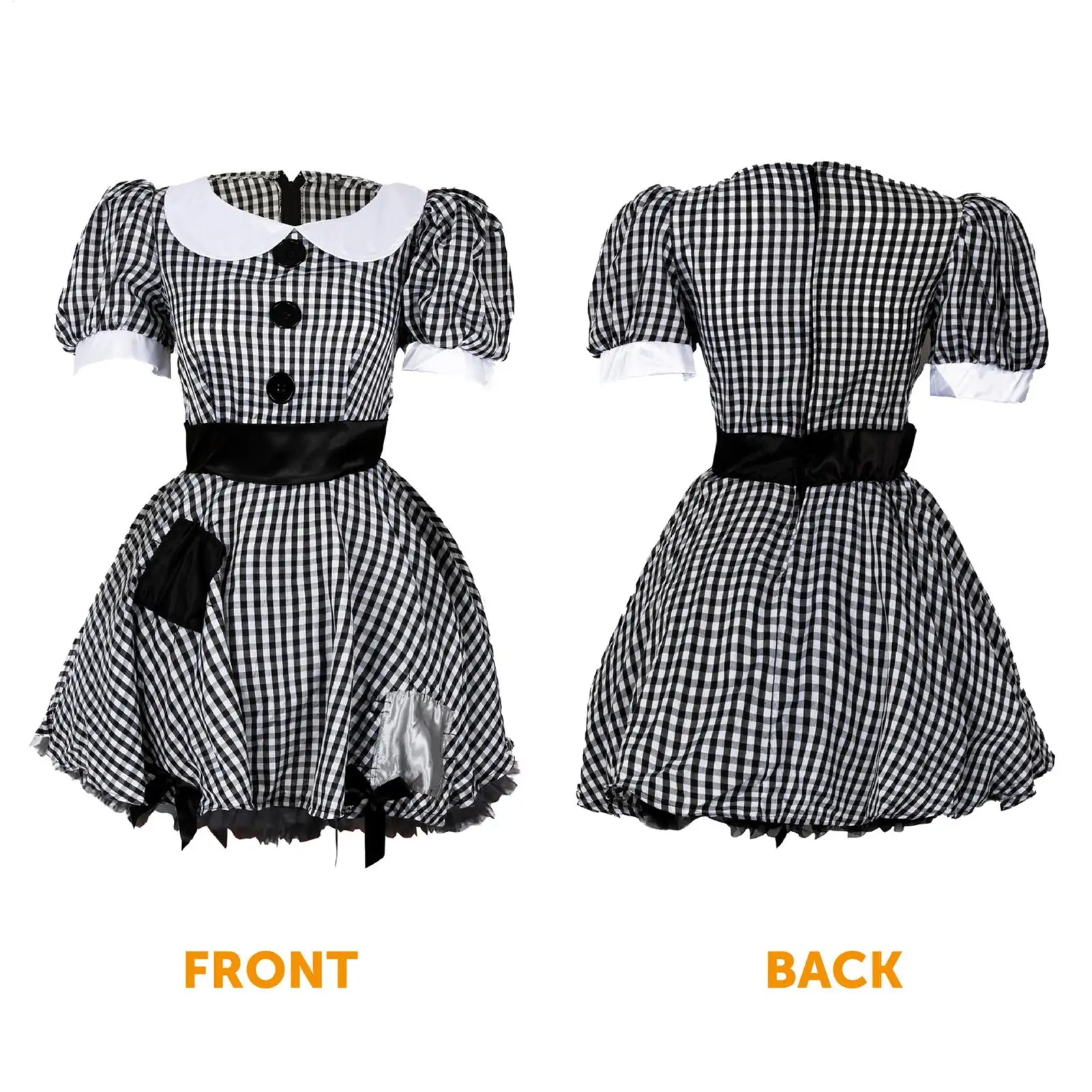 Kids Girls Horror Clown Cosplay Costume Lapel Puff Sleeves Buttons Decoration Plaid Layered Dress for Halloween Themed Dress Up