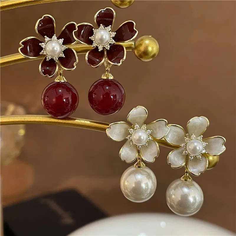 New Drop Glaze Zircon Three-dimensional Flower Pearl Pendant Earrings for Women Noble Accessories Party Jewelry Birthday Gifts