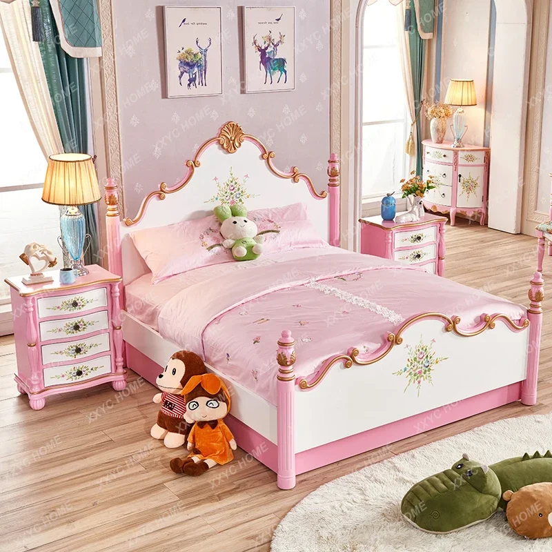 Girl pink painted rural solid wood bed home master bedroom
