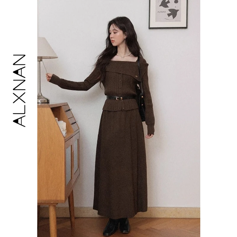 

ALXNAN Коричневая женская длинная юбка с высокой талией и эластичной резинкой, свободного кроя, 2026, элегантная офисная повседневная женская одежда L58030