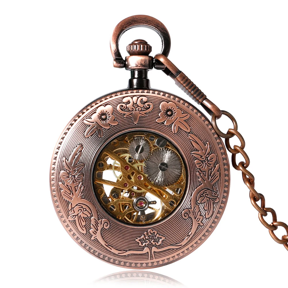 Rose Gold Mechanical Pocket Watch Pendant Pocket Clock Retro Style Hand-Winding Mechanical Pocket Timepiece Roman Numerals Dial