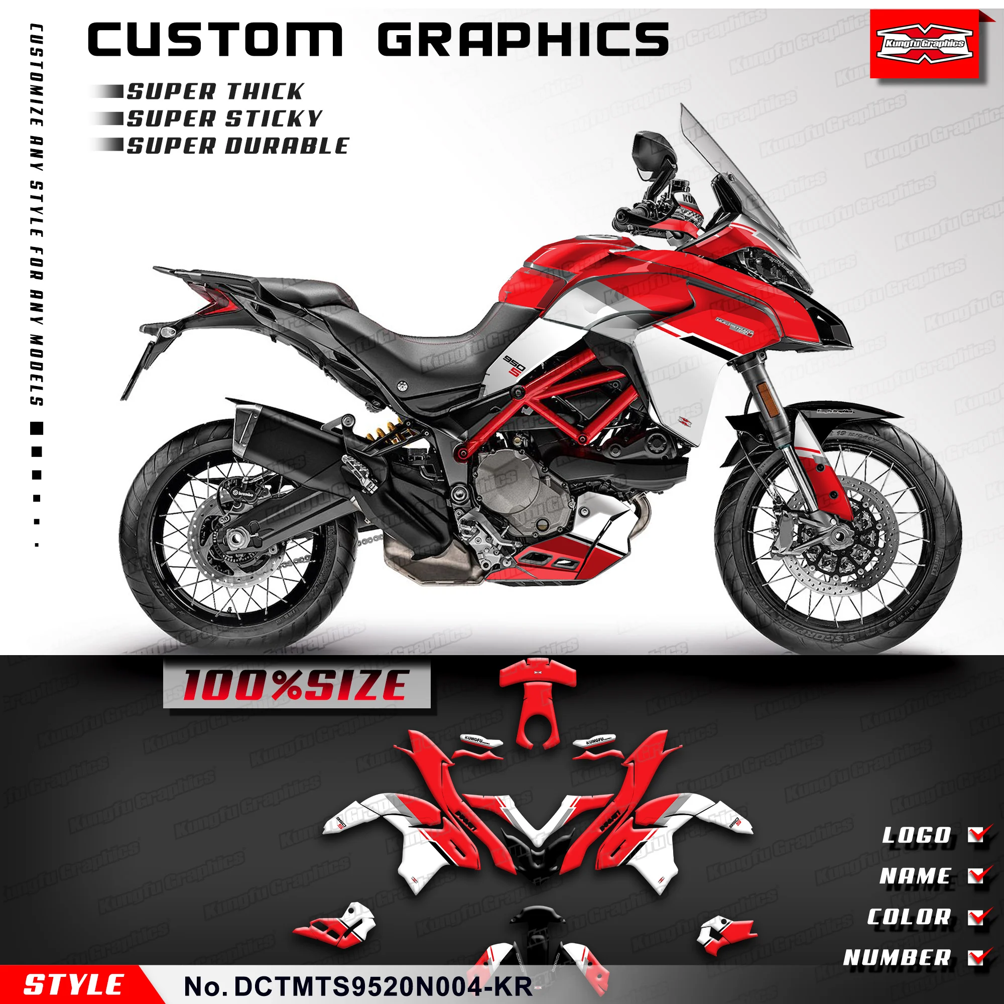 KUNGFU GRAPHICS Custom Motorcycle Graphics Sticker Kit for Ducati Multistrada 950S MTS 950S 2020 2021,Red White,Protector