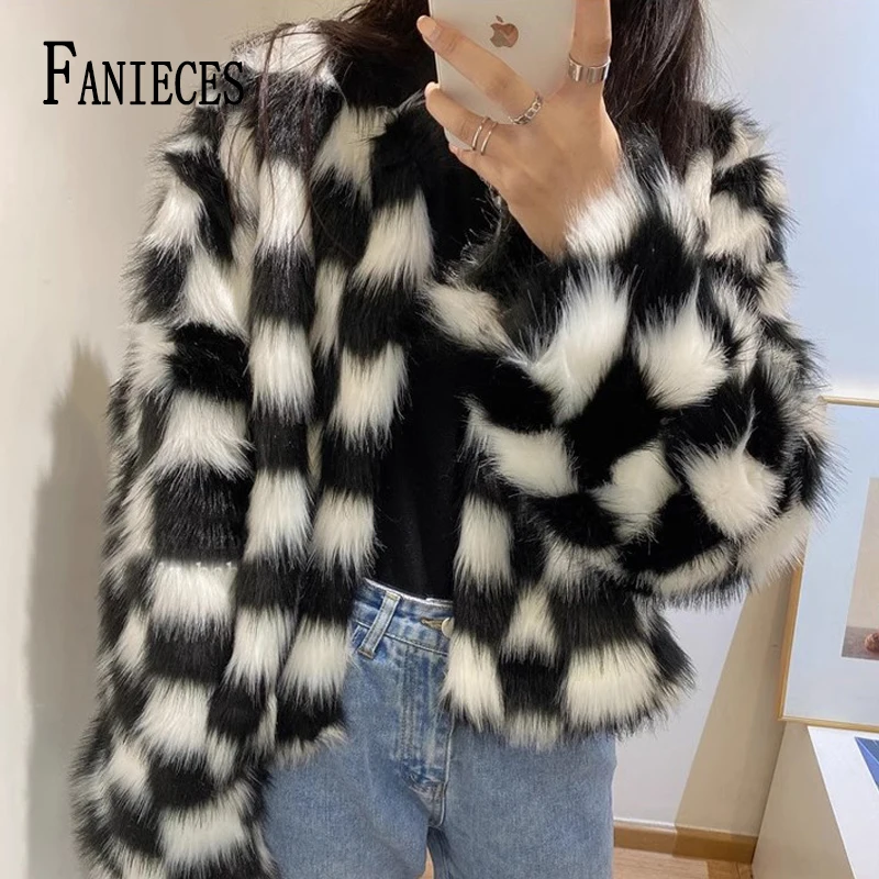 

FANIECES 코트 manteau femme hiver Women Faux Fur Coat Plaid O Neck Long Sleeve Winter Fur Jacket Casual Warm Overcoat шуба пальто