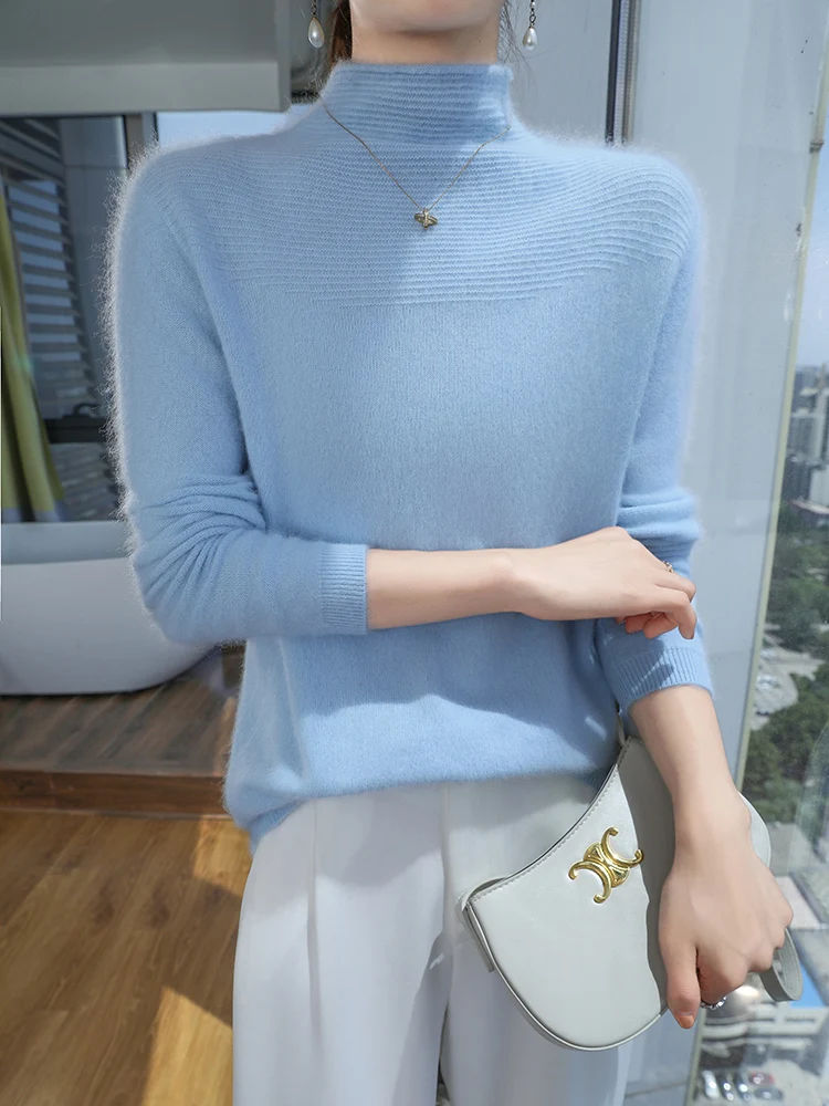 

TLOML Women 100% Mink Cashmere Sweater Mock Neck Pullover Spring Autumn Winter Basic Soft Warm Slim Mink Cashmere Knitwear Tops