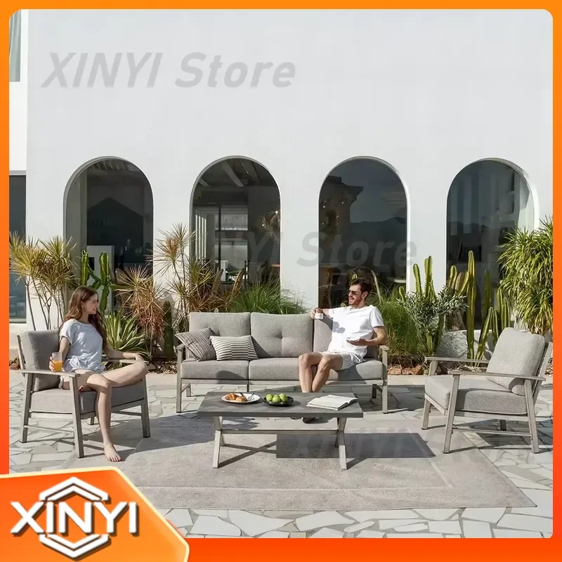 French Style 5-Seater Garden Sofa Set for Outdoor Patio Hotel Backyard Waterproof Aluminum Hand-Painted Coffee Table
