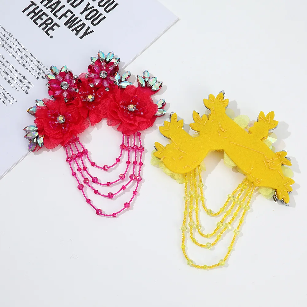 Tassel Crystal Brooch Chiffon Embroidered Flower Patch Beaded Applique Hat Dress Sewing Craft Accessories 14 Colors