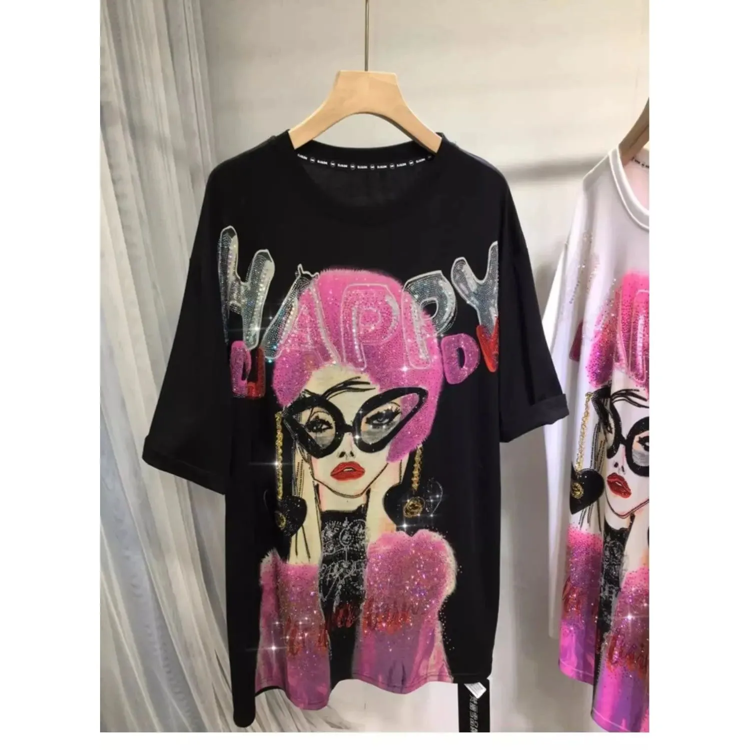 

L4XL plus Size Rhinestone T-Shirt 150KG Women Summer Print Cleanfit Style A-Line Sleeve Linen Fabric Other Material 100%
