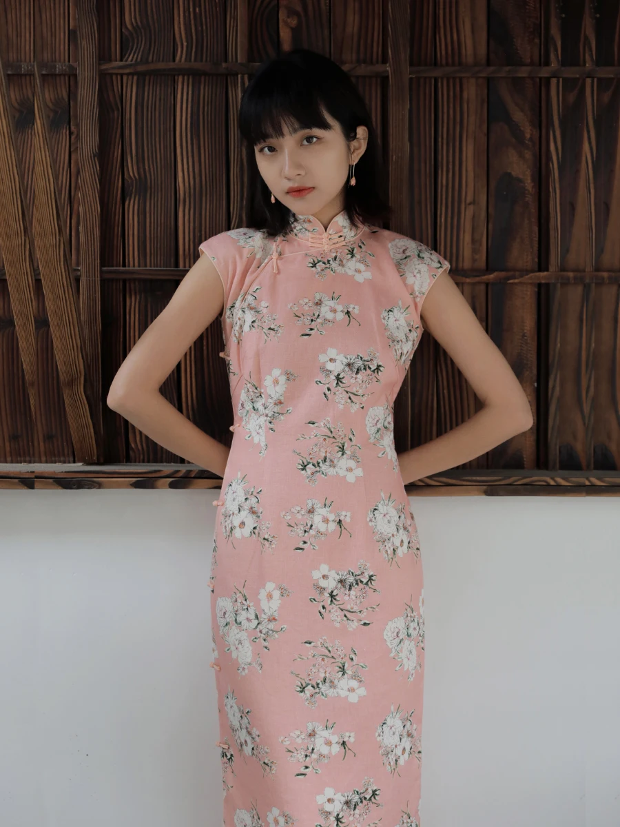 

Ретро-платье макси с разрезом, цветочным узором, из льняно-хлопковой смеси, для повседневной носки, с низким разрезом, А-силуэт