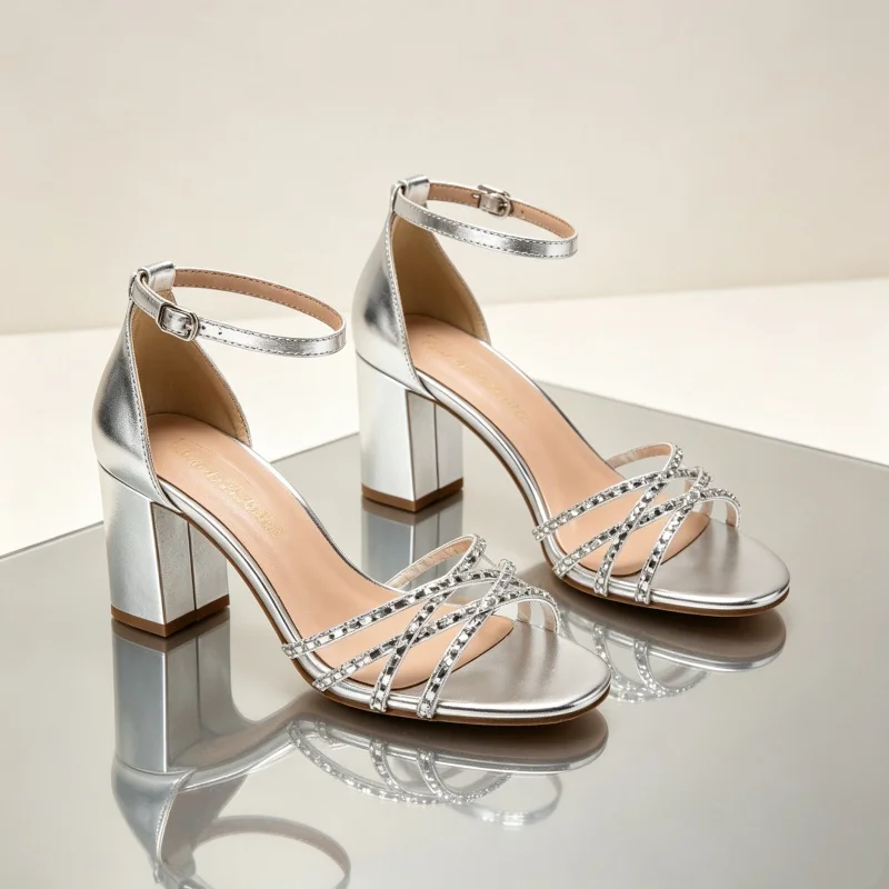 Club Party Ladies Heeled Sandals Open Toe Hollow Out Design Glitter Rhinestone Ornament Chunky Princess Heels
