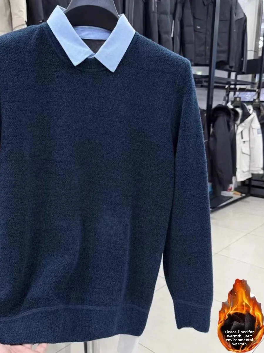 

Thiened Fce Long Sve Men's Knitted irt Collar Sweater Warm Casual Sle Winter Faion Brand Label Removed