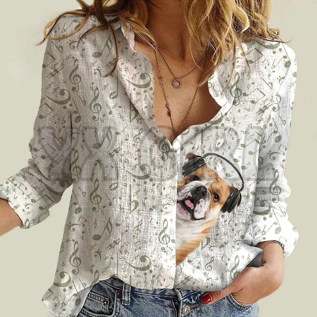 

YX GIRLGreat Music With English Bulldog Women's Long-Sleeve Shirt 3D Printed Button-down Shirt Casual Unique Streewear