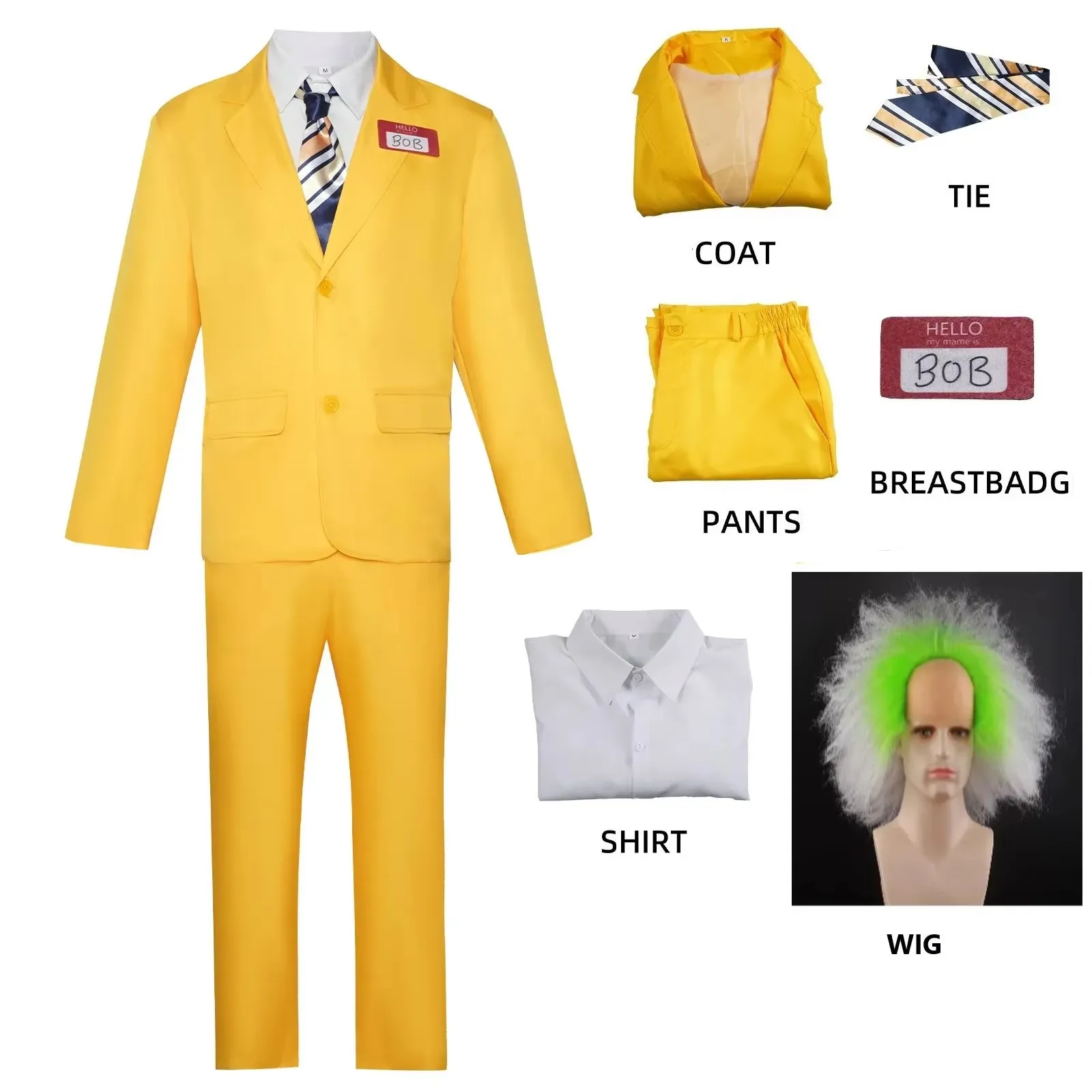 Film BOB Costume Cosplay BOB Abito uniforme giallo con parrucca da cravatta per uomo Vestito Travestimento di Halloween Vestito da festa di carnevale