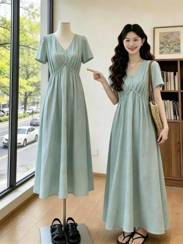 

plus Size Summer Dress V-Neckline A-Line Silhouette Casual Wear Skin-Friendly Breathable Slimming Long Dress for plus Size Women