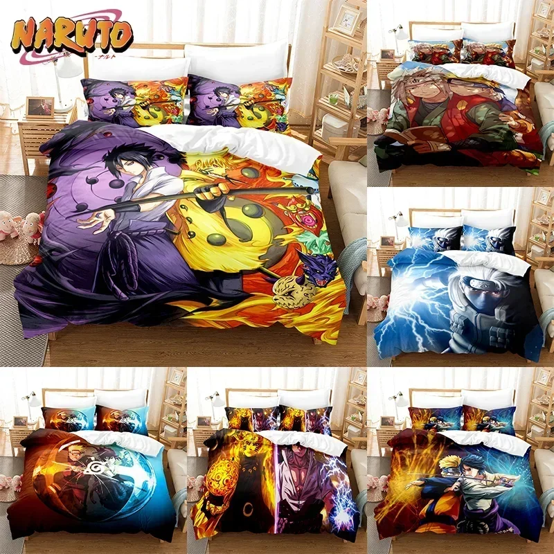 Juego de cama de Naruto, funda de edredón, funda de almohada Uchiha Sasuke, decoración de Anime Kakashi, funda nórdica para dormitorio, traje de cama, regalo para niños