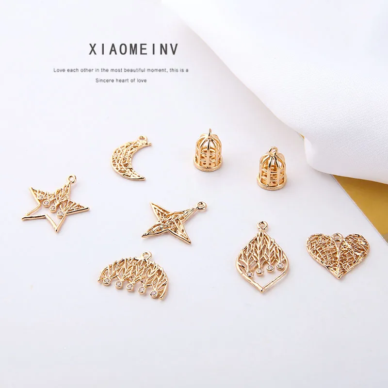 1pcs Copper-plated Color-preserving Leaves Flowers Stars Moon Love Birdcage Pendant Diy Earrings Material Handmade Charms