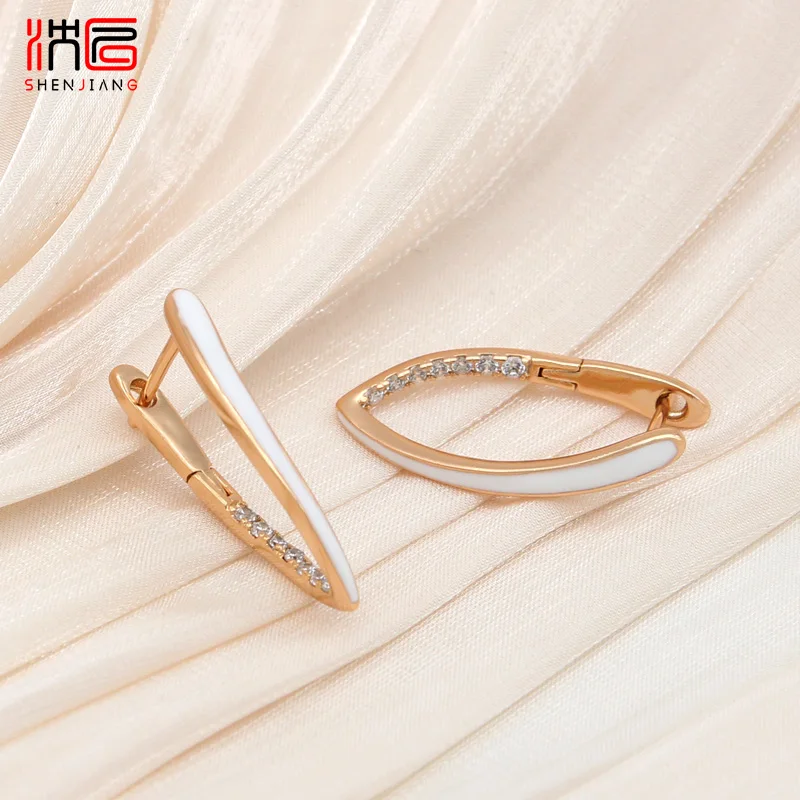 SHENJIANG New Fashion Green Enamel Drop Earrings For Women Girl Wedding 585 Rose Gold Color Jewelry Cubic Zirconia Eardrop