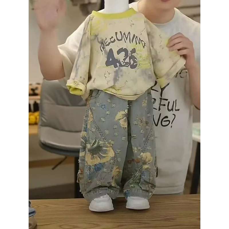 Children's Summer Short Sleeve Set 2026 New Style Boys' Fashion Tie Dyeing Short Sleeve Loose Jeans Two Piece Set