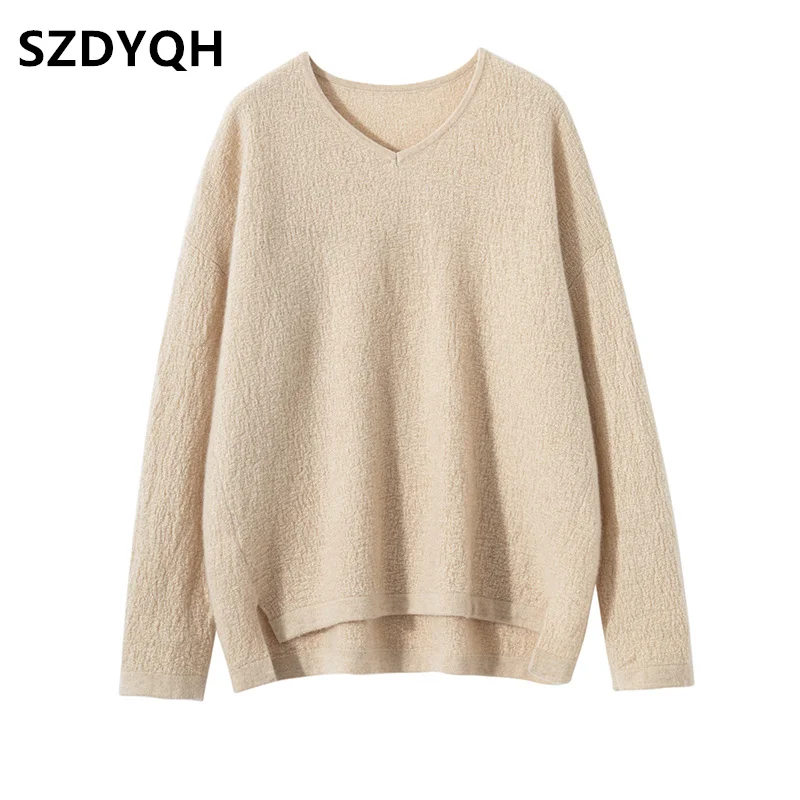 2023 Autumn Winter New 100% Cashmere Sweater Women\'s V-Neck Fashion Warm Sweaters Female Loose Large Size Knitted Pullover